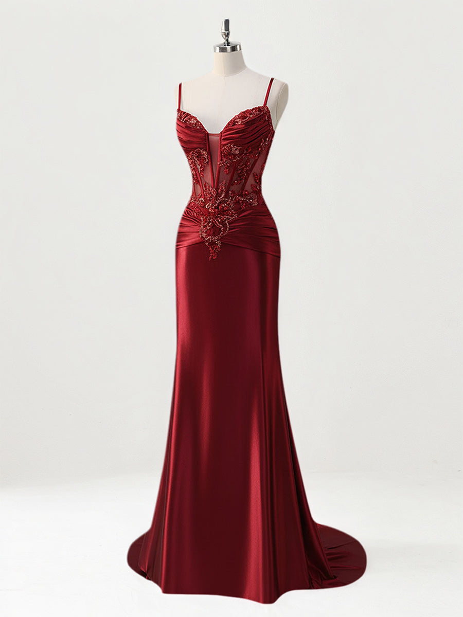 Robe de bal sirène longue en satin avec bretelles spaghetti, corset et appliqués