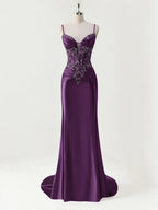 Robe de bal sirène longue en satin avec bretelles spaghetti, corset et appliqués
