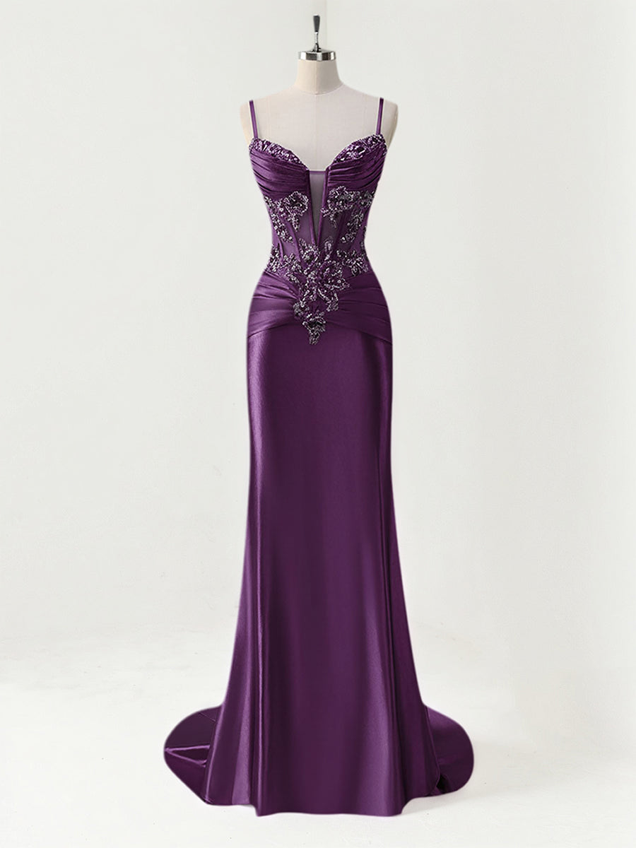 Robe de bal sirène longue en satin avec bretelles spaghetti, corset et appliqués