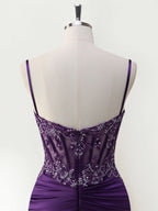 Robe de bal sirène longue en satin avec bretelles spaghetti, corset et appliqués