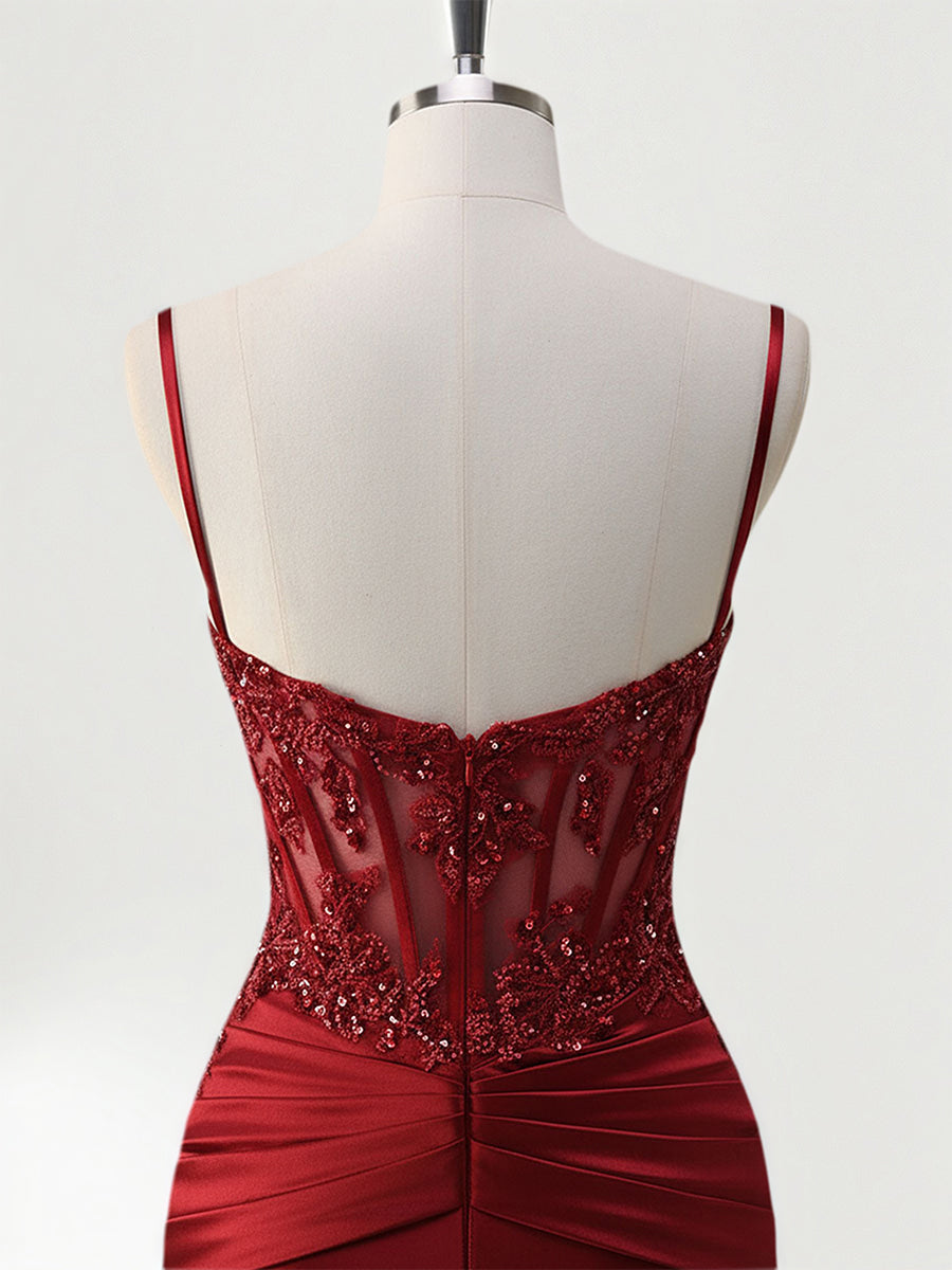 Robe de bal sirène longue en satin avec bretelles spaghetti, corset et appliqués