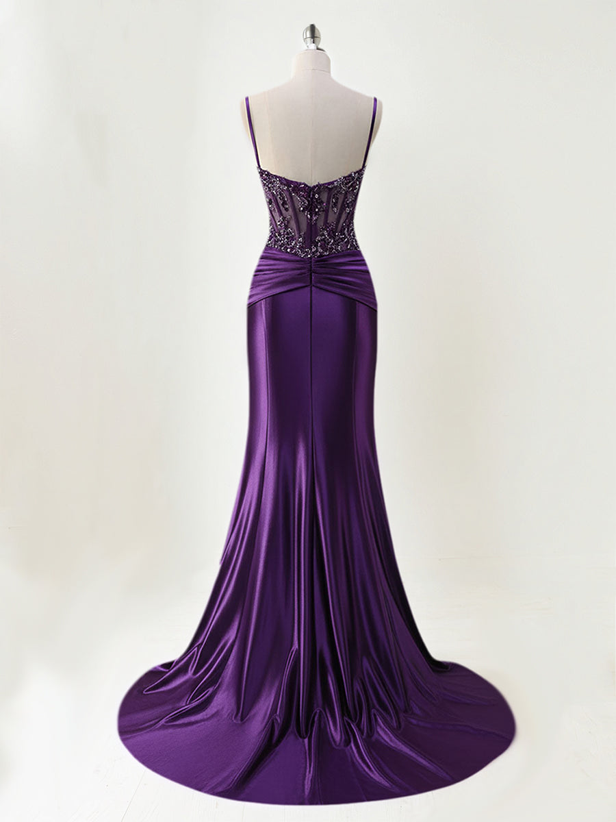 Robe de bal sirène longue en satin avec bretelles spaghetti, corset et appliqués