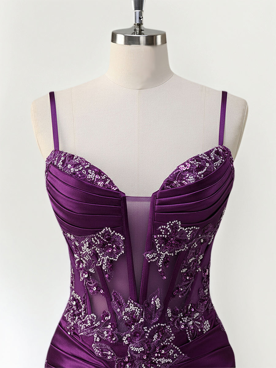 Robe de bal sirène longue en satin avec bretelles spaghetti, corset et appliqués