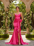 Robe de bal sirène en satin à bretelles spaghetti avec nœud