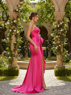 Robe de bal sirène en satin à bretelles spaghetti avec nœud