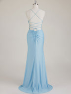 Mermaid Spaghetti Straps V-Neck Sequins Prom Dress with Slit