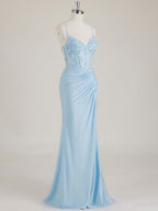 Mermaid Spaghetti Straps V-Neck Sequins Prom Dress with Slit