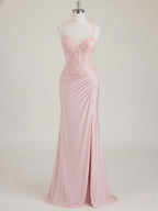 Mermaid Spaghetti Straps V-Neck Sequins Prom Dress with Slit