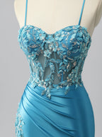 Mermaid Sweetheart Sequins Tie Back Corset Long Prom Dress with Slit