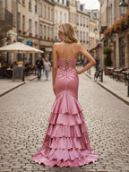 Mermaid V Neck Satin Fitted Ruffle Prom Dress with Slit