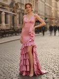 Mermaid V Neck Satin Fitted Ruffle Prom Dress with Slit