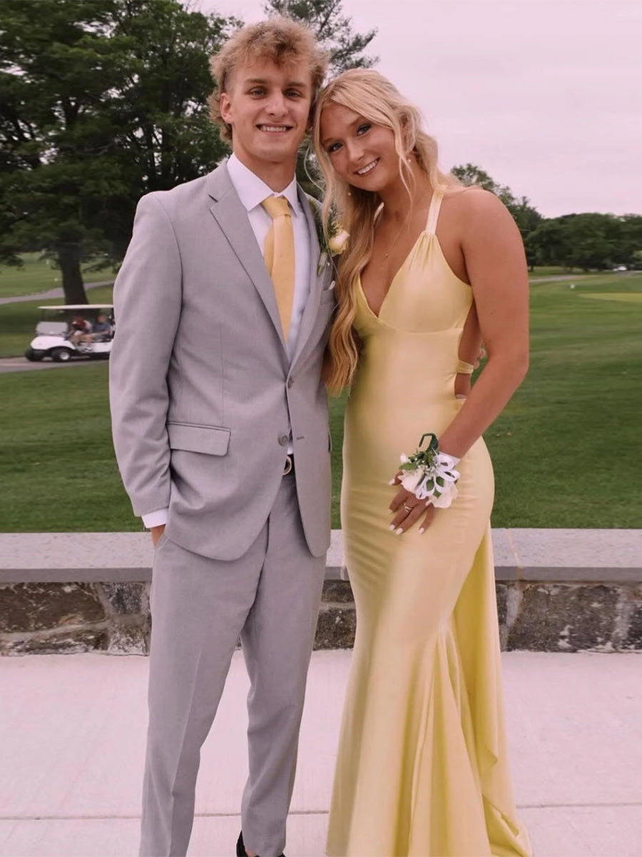 Mermaid V Neck Satin Long Prom Dress with Cross Back