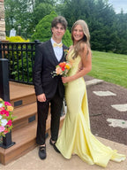 Mermaid V Neck Satin Long Prom Dress with Cross Back