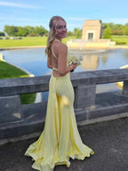 Mermaid V Neck Satin Long Prom Dress with Cross Back