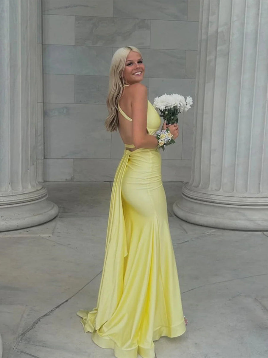 Mermaid V Neck Satin Long Prom Dress with Cross Back