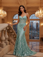 Robe de bal sirène à col en V, corset transparent, longue, imprimé pailleté