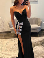 Vestido Longo de Festa Sereia com Cristais e Laços no Corpete, Fenda
