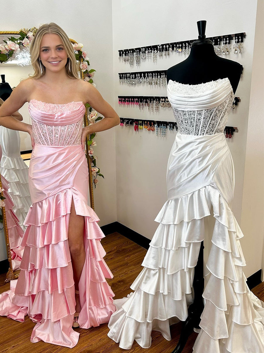 Pink Mermaid Strapless Satin Tiered Long Prom Dress with Sequins