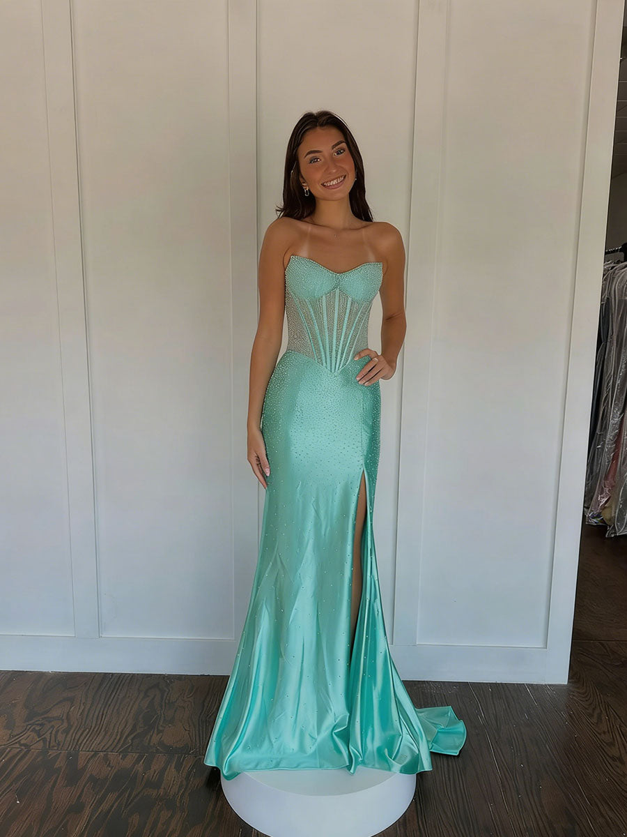 Mermaid Strapless Corset Beaded Long Prom Dress with Slit