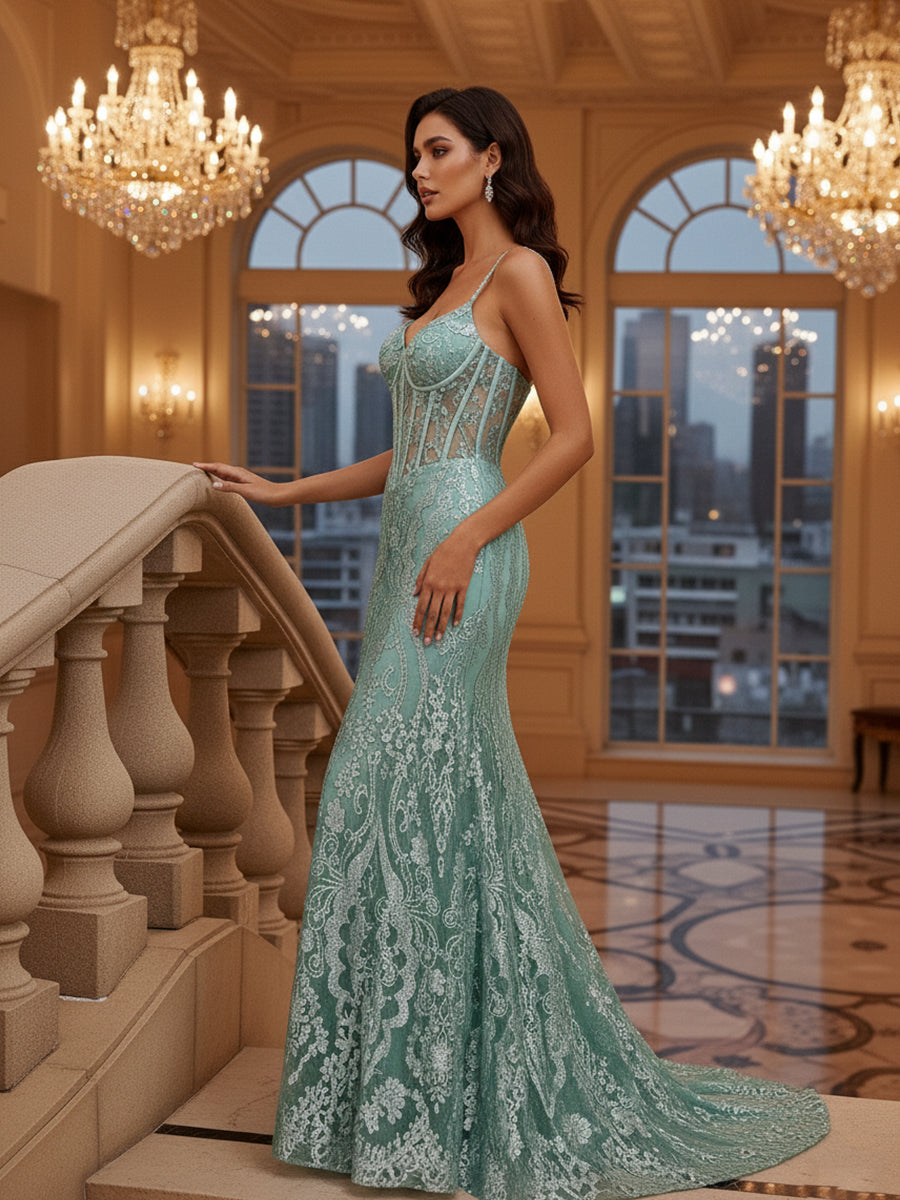 Robe de bal sirène à col en V, corset transparent, longue, imprimé pailleté