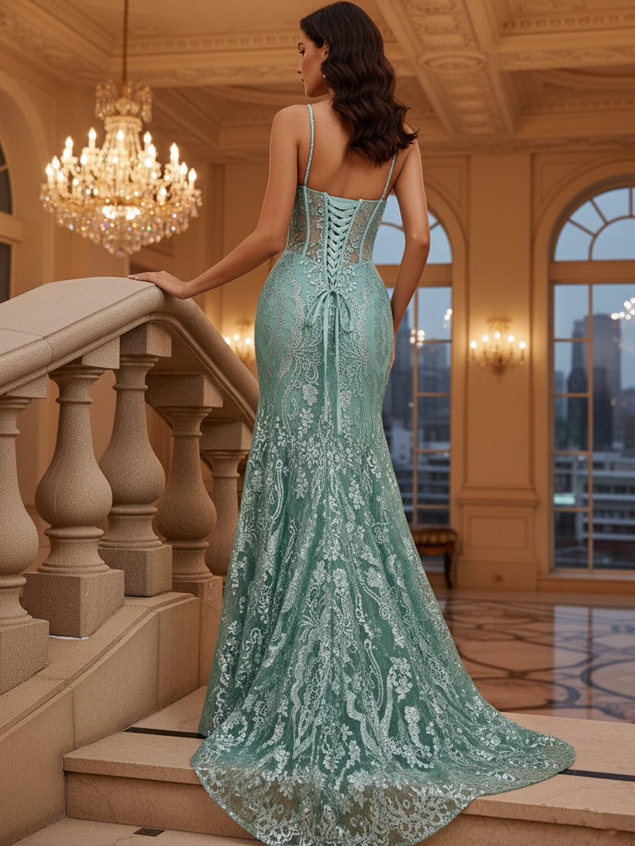 Robe de bal sirène à col en V, corset transparent, longue, imprimé pailleté