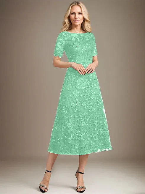 A-Linien Rundhals Illusions-Tea-Length Spitzenkleid der Brautmutter mit Pailletten