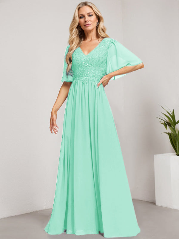 Robe mère de la mariée ligne A col en V longue en dentelle et chiffon avec sequins