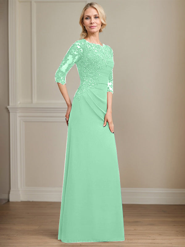 A-Linie Rundhals bodenlanges Chiffon Spitzen Brautmutterkleid mit Perlen Falten Pailletten