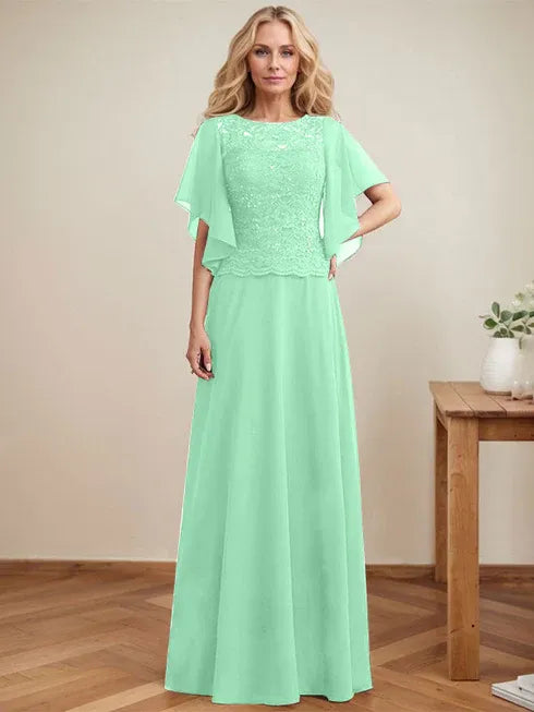 A-Linien Rundhals Illusions-Bodenlanges Spitzen-Chiffon Mutter-der-Braut-Kleid mit Pailletten
