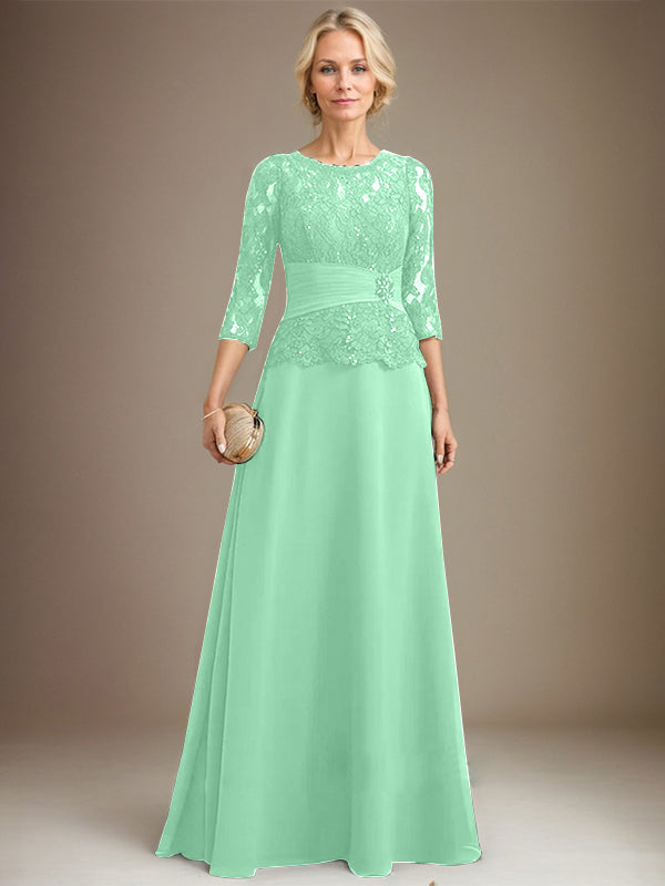 A-Linien Kleid mit Scoop-Ausschnitt, Illusion, bodenlangem Chiffon und Spitze, Mutter-der-Braut-Kleid mit plissierten Pailletten und Perlenbesatz