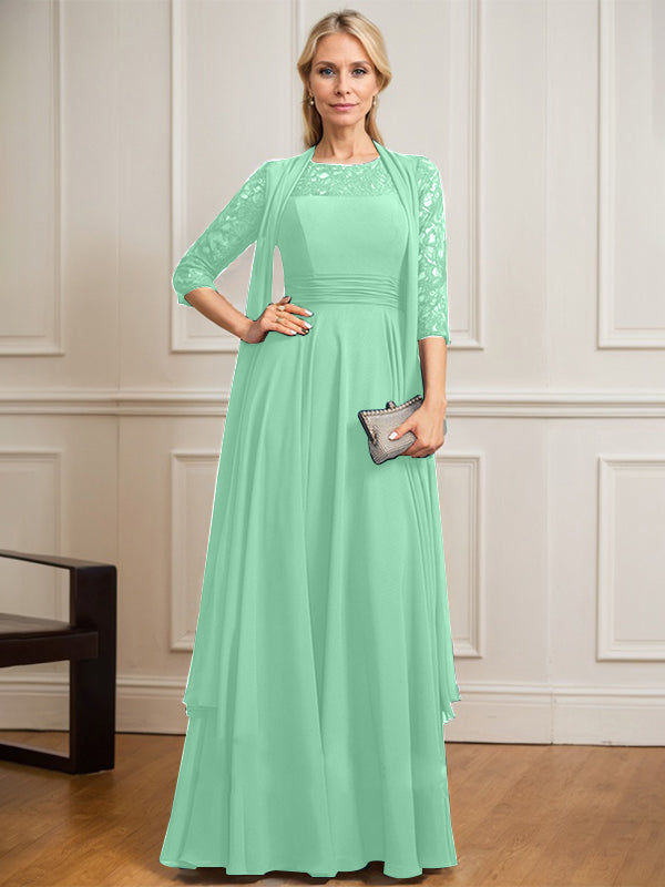 A-Linien Kleid mit Rundhalsausschnitt, Illusion, bodenlang aus Spitze und Chiffon, Mutter-der-Braut-Kleid mit Faltenwurf