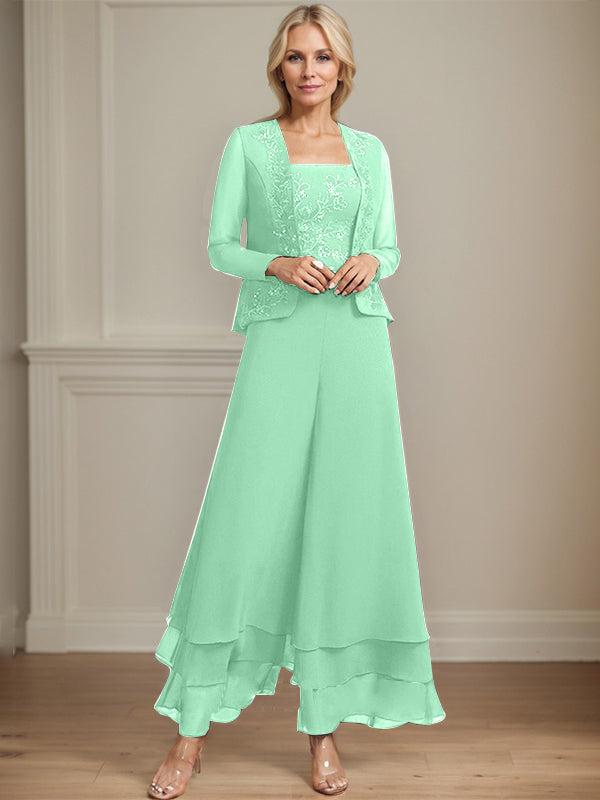 Zweiteiler Jumpsuit/Hosenanzug quadratisch knöchellang Spitze Chiffon Brautmutterkleid mit Pailletten