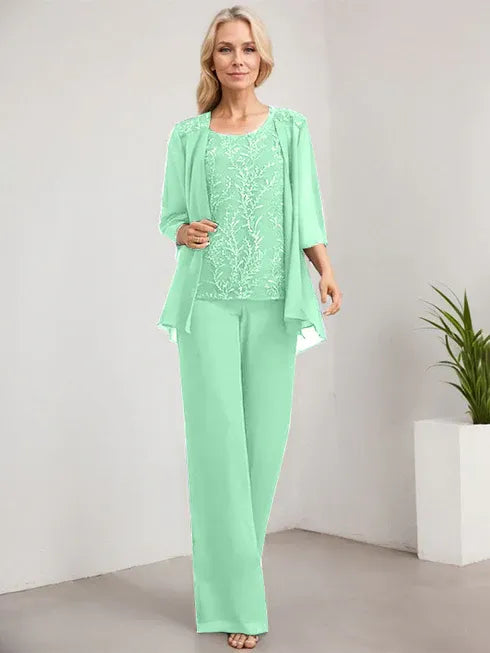 Zweiteiler Jumpsuit/Hosenanzug U-Ausschnitt bodenlanges Spitzen Chiffon Mutter der Braut Kleid mit Pailletten
