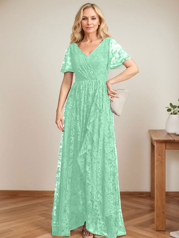 A-Linien Spitzen-Mutter-der-Braut-Kleid mit V-Ausschnitt, asymmetrisch und mit kaskadierenden Rüschen