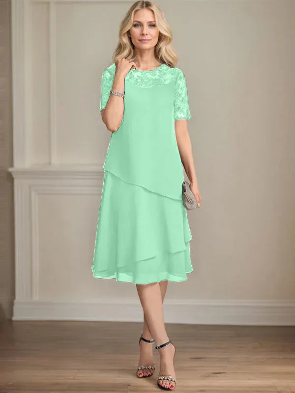 A-Linien Rundhals Illusions-Knie-Länge Spitzen-Chiffon Kleid für die Brautmutter mit Pailletten