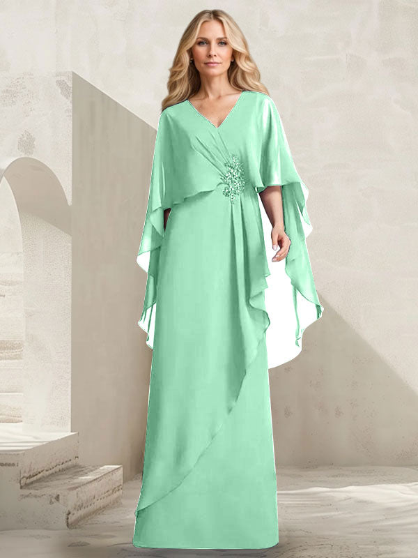 Robe mère de la mariée longue en chiffon coupe trapèze à col en V avec volants en cascade et perles