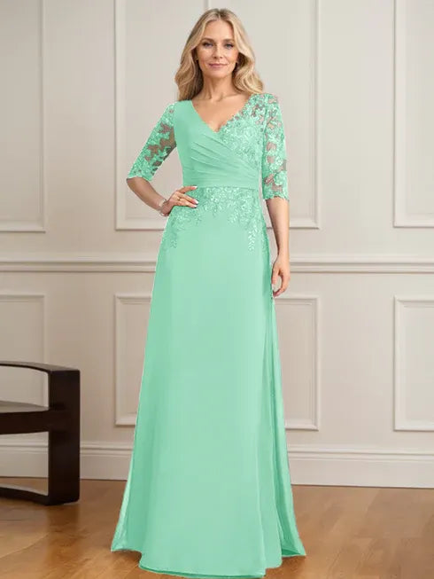 A-Linien V-Ausschnitt bodenlanges Spitzen-Chiffon Kleid der Brautmutter mit plissierten Pailletten