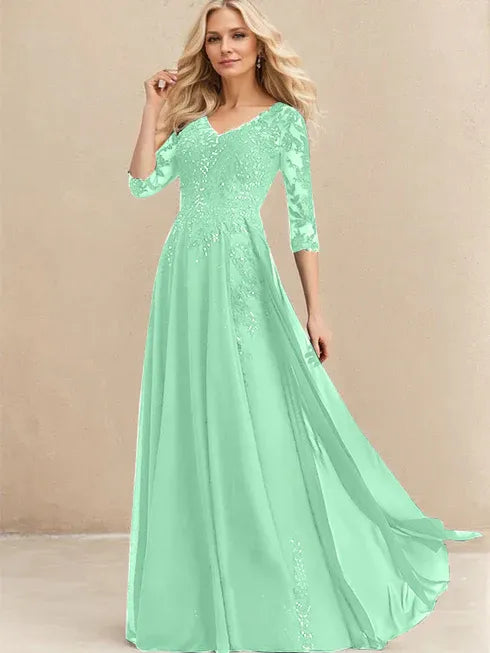 A-Linien V-Ausschnitt Bodenlanges Spitzen-Chiffon Kleid für die Brautmutter mit Pailletten