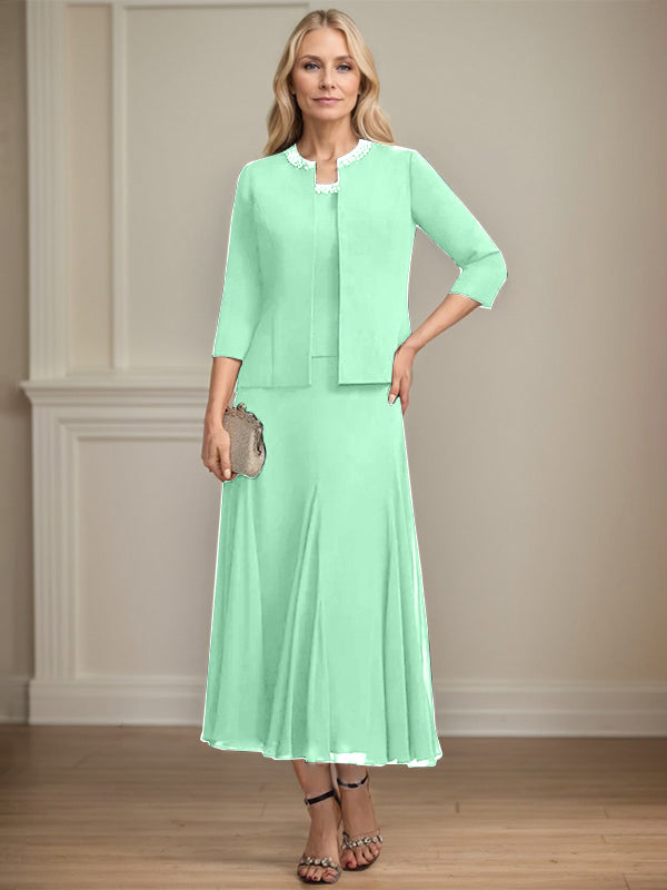 Separates A-Linien Chiffonkleid mit Rundhalsausschnitt, tea-length, Mutter der Braut mit Pailletten und Perlen