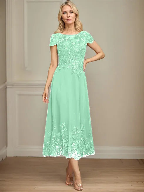 A-Linien Illusions Rundhals tea-langes Spitzenchiffon Mutter der Braut Kleid mit Pailletten