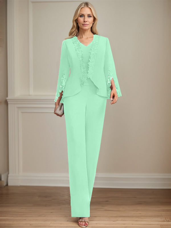 Zweiteiler Jumpsuit/Hosenanzug V-Ausschnitt bodenlanges Chiffon Mutter der Braut Kleid