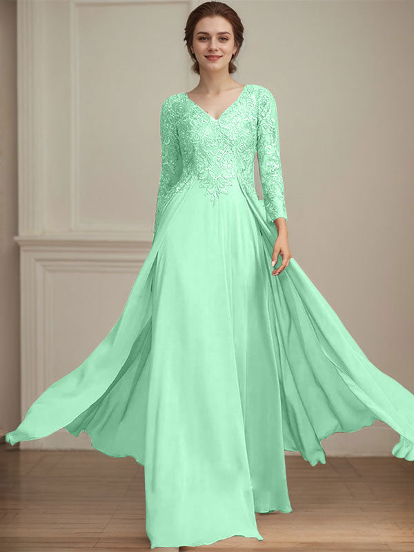 A-Linien V-Ausschnitt Bodenlanges Spitzen-Chiffon Kleid für die Brautmutter mit Pailletten
