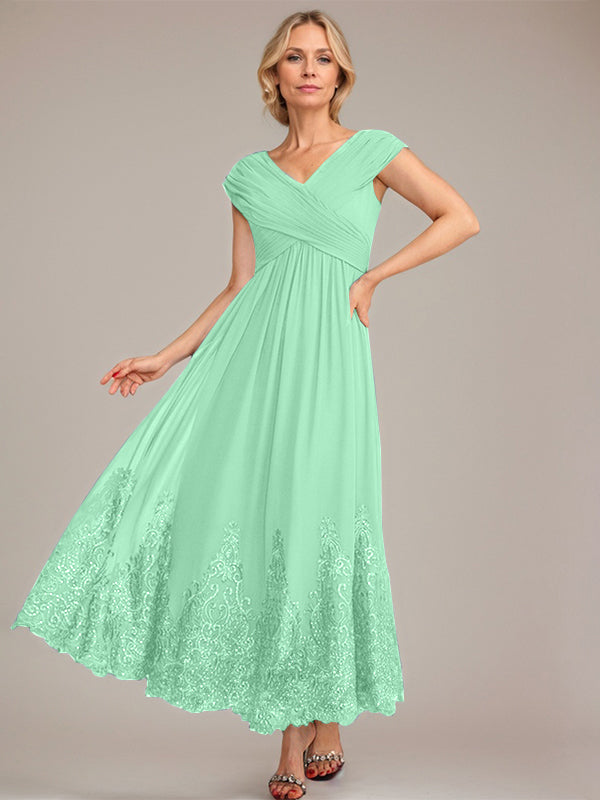 A-Linien V-Ausschnitt Knöchellanges Chiffon Kleid der Brautmutter mit Applikationen und Pailletten