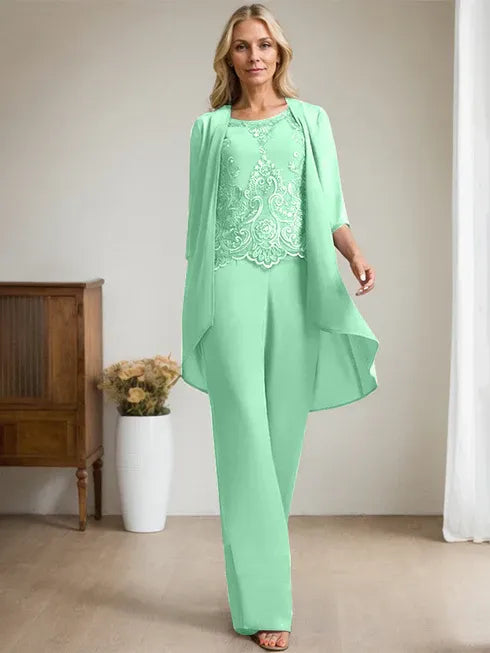 Zweiteiler Jumpsuit/Hosenanzug mit Rundhalsausschnitt, bodenlanges Chiffon-Spitzenkleid für die Mutter der Braut mit Perlen und Pailletten