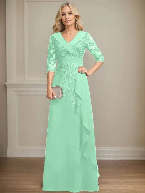A-Linien Kleid mit Kragen, V-Ausschnitt, bodenlang, aus Spitze und Chiffon, Mutter der Braut Kleid mit Pailletten und fallenden Rüschen