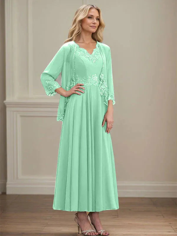 A-Linien Kleid mit V-Ausschnitt, knöchellang, aus Chiffon, Mutter der Braut Kleid mit Pailletten, Applikationen, Spitze und Perlenbesatz
