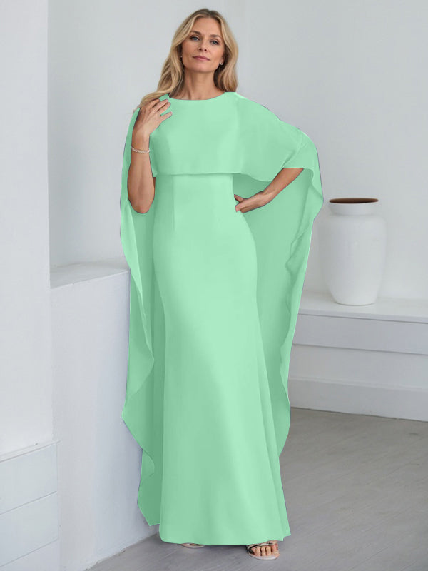 Etui-Kleid mit Rundhalsausschnitt, bodenlang, Chiffon, Mutter-der-Braut-Kleid mit kaskadierenden Rüschen