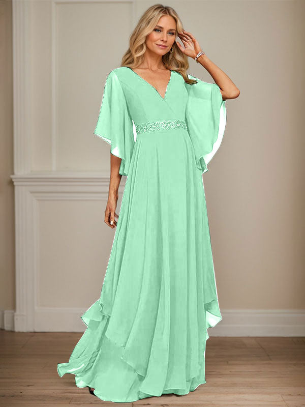 A-Linien V-Ausschnitt bodenlanges Chiffon-Mutter-der-Braut-Kleid mit Pailletten-Applikationen, Spitze und Perlen
