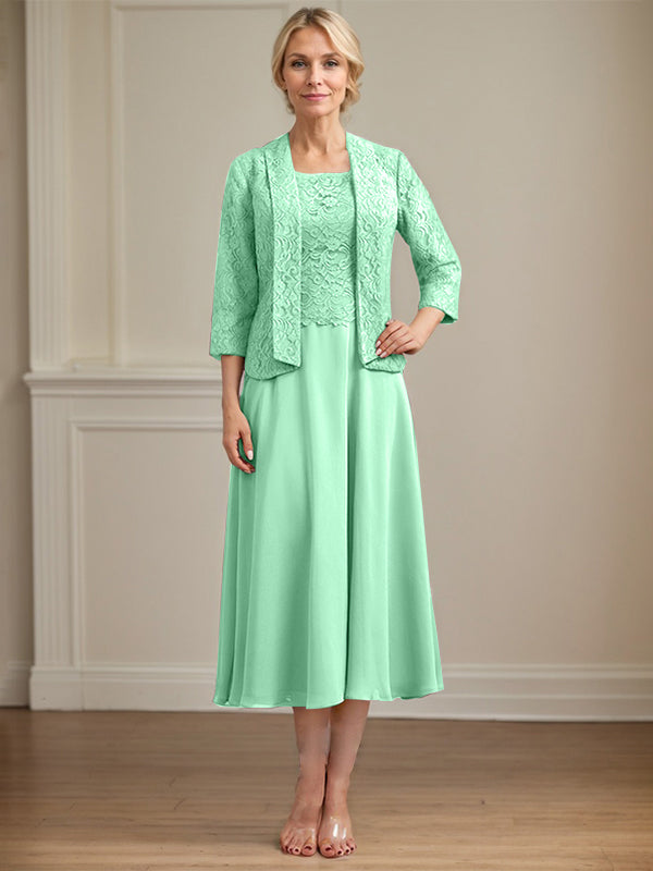 A-Linien Kleid mit Rundhalsausschnitt, tea-länge, Spitze und Chiffon, Mutter der Braut Kleid