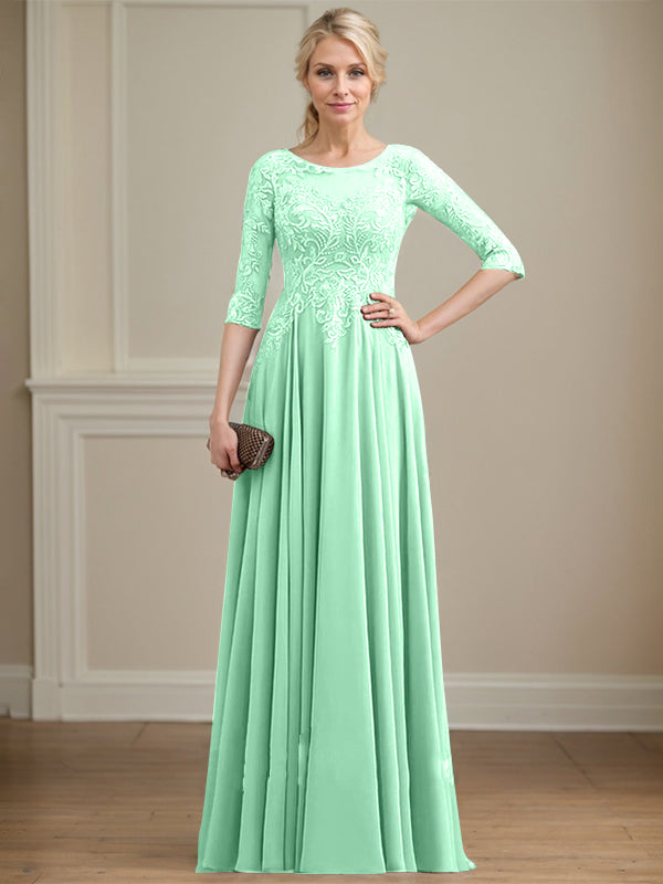 A-line Scoop Illusion Floor-Length Lace Chiffon Mother of the Bride Dress With Sequins